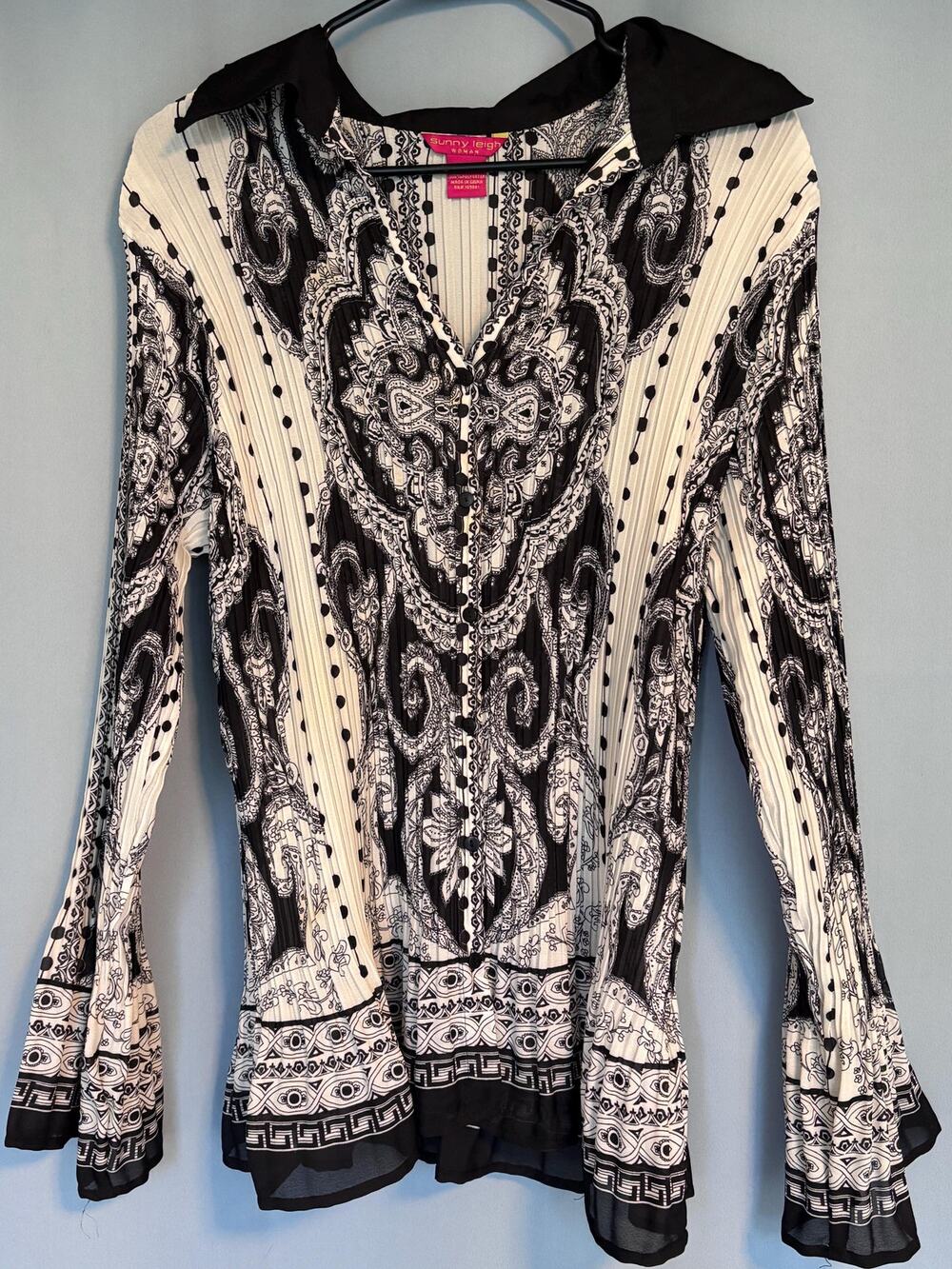 Vintage Sunny Leigh Women’s Black and White Paisley Blouse Shirt Top 1X